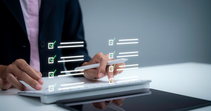 Business person using digital checklist on tablet marking tasks with stylus representing project management productivity workflow organization task tracking efficiency technology