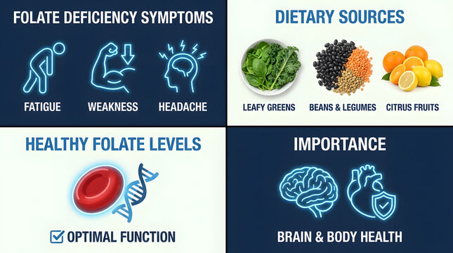 Educational Infographic of Vitamin B9 Folate Deficiency Symptom Like Fatigue or Headache and Nutritious Food Source Including Spinach Kale Bean Lentil Citrus and Healthy Legume