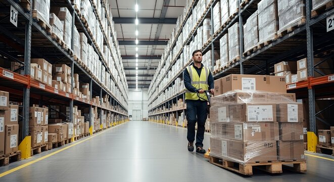 warehouse worker pushing pallet of boxes