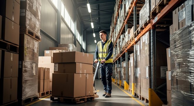 warehouse worker moving boxes on pallet jack