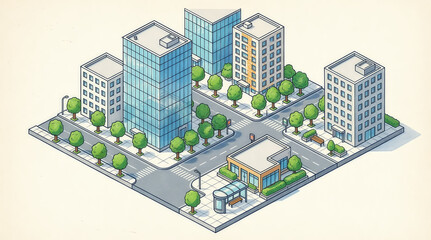 Buildings office complex with modern glass and concrete architecture and urban landscape design featuring cityscape, cityscape illustration,
