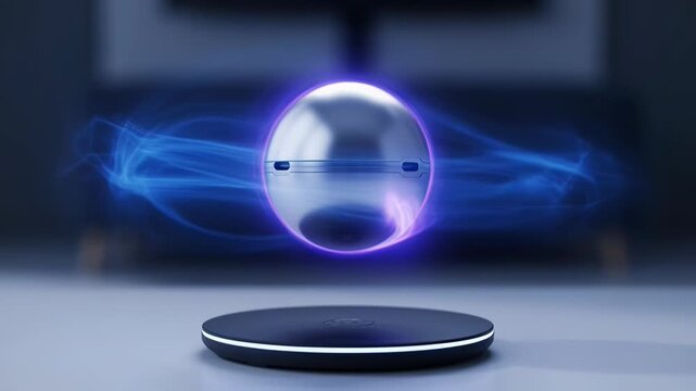 Levitating sphere with luminous blue energy currents around it