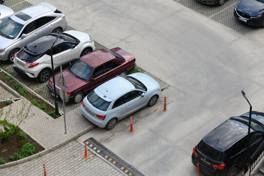  April 2, 2026, Tbilisi, Georgia Audi A1 8X first generation hatchback on parking lot, balcony view