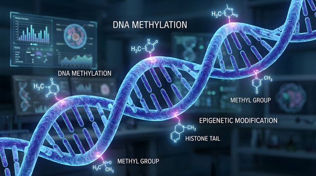 Luminous epigenetic modification and DNA methylation sequence visualized on a glowing three-dimensional double helix structure for molecular biology genetics and biomedical research education