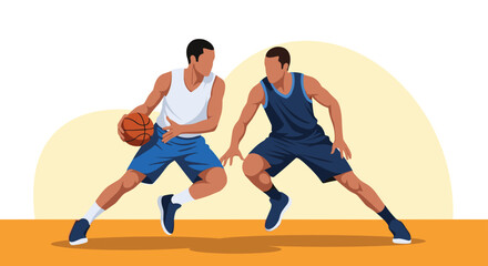 Fototapeta premium Intense basketball action scene featuring two male players competing on a court with one dribbling the ball against a stylized backdrop.