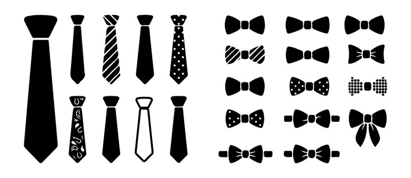 Tie and bowtie collection black silhouette set isolated on white, Fashion accessories vector icons for formal style design
