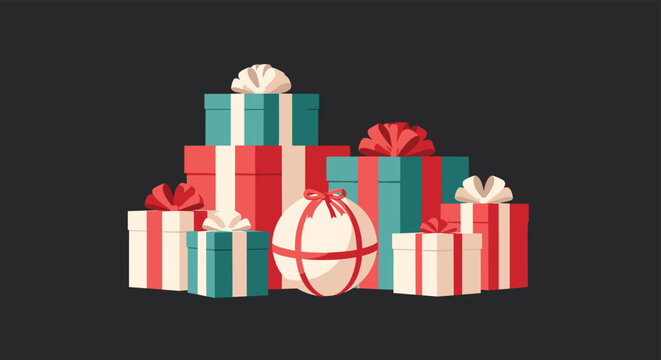 Festive pile of wrapped Christmas gift boxes with colorful ribbons and bows arranged against a dark grey or black background.