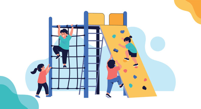Happy group of children enjoying playtime on a colorful outdoor climbing frame and slide at a playground in a park setting.