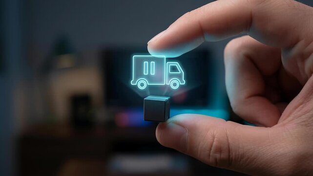 Exploring impact supply chain disruption global logistics network digital delivery truck icon held between fingers hand hologram cube symbolizing transport shipment challenges chain network