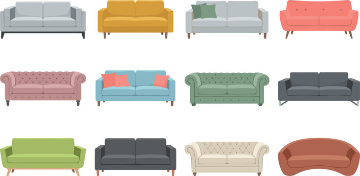 A Large Collection Of Colorful Modern Sofas And Couches In Various Styles And Colors Isolated On White Background