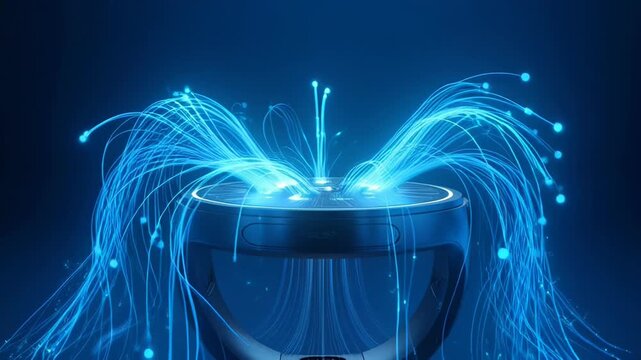 Futuristic device emitting bright blue fiber optic light strands