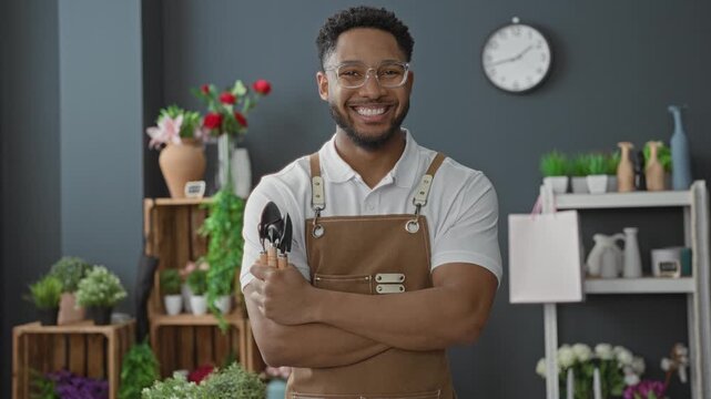 Man florist holding pruning shears and bouquet, arms crossed and smiling in building flower shop; friendly hospitality.