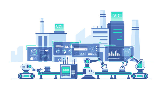 Flat lay illustration of industrial robots and computer screens in various shades of blue on a white background with a futuristic and technological mood.
