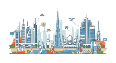 Obraz premium Vibrant cityscape illustration of Dubai's skyline with modern skyscrapers and traditional architecture against a white background.