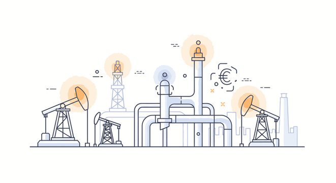 Line drawing of an industrial oil refinery with pumpjacks and towers on a white background with yellow lights.