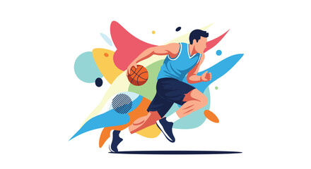 Fototapeta premium Professional basketball player dribbling an orange ball against a dynamic background of colorful abstract shapes and fluid geometric patterns.