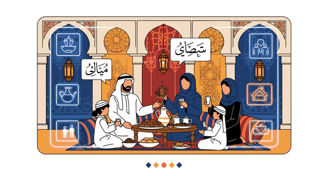 Illustration of a group of Middle Eastern men in traditional attire gathered around a table in a colorful room with Arabic calligraphy and geometric patterns.