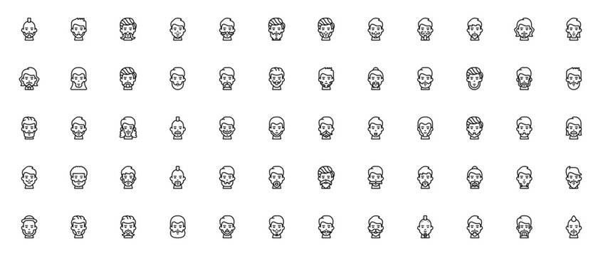 Facial Hair icon set. Minimalist vector pack. Man face collection with beard styles. Featuring mustache, goatee, stubble, hair and more. Editable vector stroke.