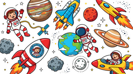 A Large Collection Of Cute Cartoon Astronauts Rocket Ships And Planets In Outer Space On White Background © MdMojnu