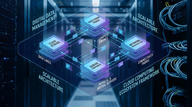 Comprehensive cloud computing ecosystem framework encompassing storage processing network and server infrastructure components for digital data management connectivity and scalable architecture