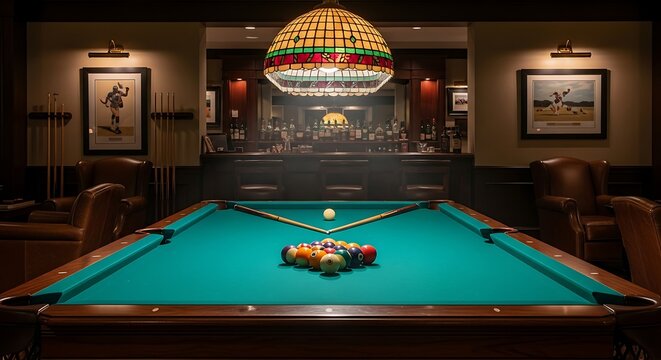Elegantly appointed game room features a billiard table set up for play under a decorative lamp