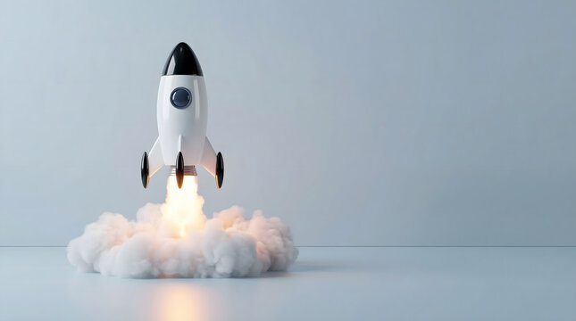A sleek white and black rocket launches with bright flames and smoke against a simple light blue background