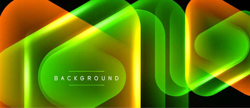 Abstract neon shapes overlap, creating dynamic visual effect. Bright colors contrast against dark background. Modern design element.