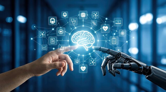 AI diagnostics, artificial intelligence, digital brain, medical technology, healthcare, robotic hand, human-robot interaction, futuristic medical concept of neural networking.