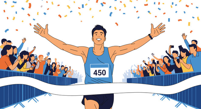 Determined male athlete with a bib number four hundred fifty crossing the finish line with his arms raised in victory as the crowd cheers him on.