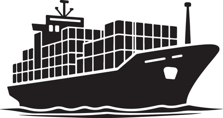 Commercial maritime freight ship vector icon, Large container ship carrying cargo crates, Modern freight vessel for maritime logistics, Industrial cargo ship illustration in black © iankmuin