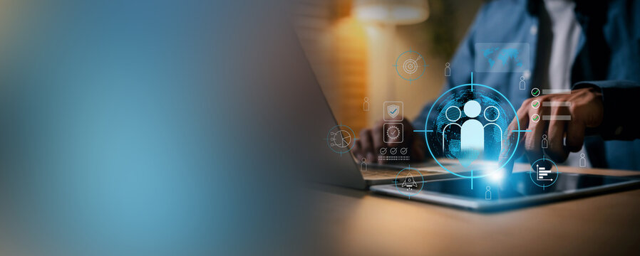Businessman showing digital customer relationship management , market research, user analytics, audience targeting, CRM, data driven strategy, business intelligence.