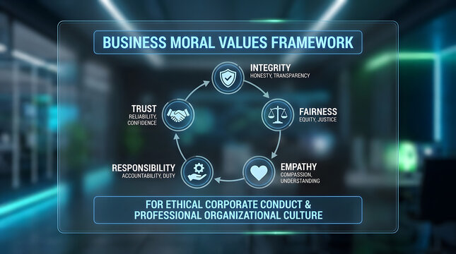 Comprehensive conceptual business moral values framework featuring integrity fairness empathy responsibility and trust principles for ethical corporate conduct and professional culture