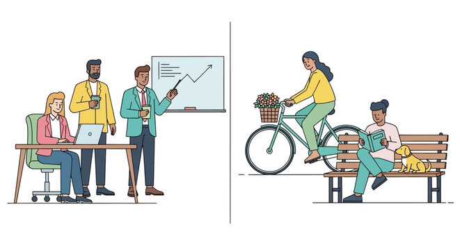 Office meeting and outdoor leisure scene split screen illustration