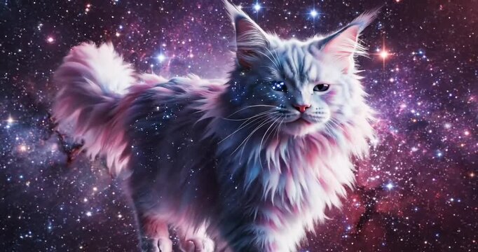 Majestic cosmic cat with vibrant fur exploring a starry galaxy, surrounded by colorful nebulae
