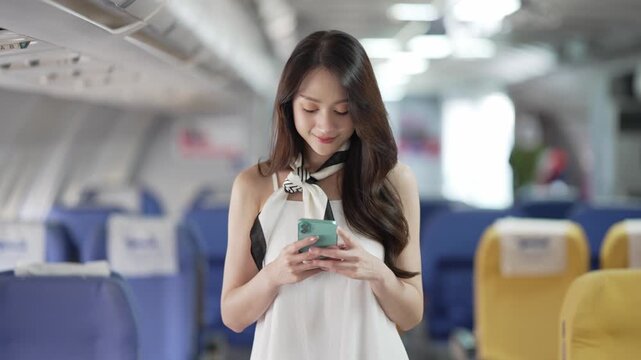 The young woman boarded the plane with her mobile phone containing travel ideas.