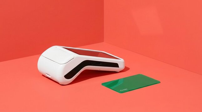 POS terminal, contactless payment, credit card, cashless society, payment machine, digital economy, fintech concept featuring a modern white card reader and green plastic card.