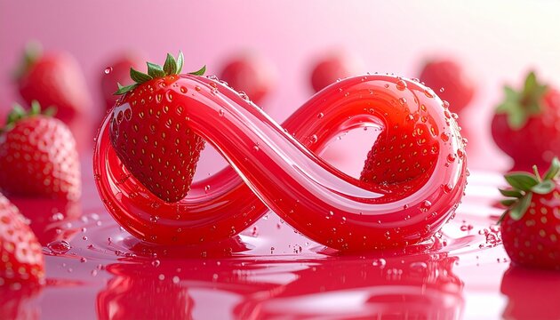 Elegant Strawberry Juice Swirl Forms an Infinity Loop with Floating Strawberries, 3D Rendering. Shiny liquid reflection, modern abstract drink concept, fresh fruit movement, premium product design ele