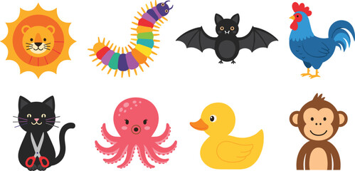 Cute cartoon animal vector collection featuring lion caterpillar bat rooster cat octopus duck and monkey icons. © PUTUL