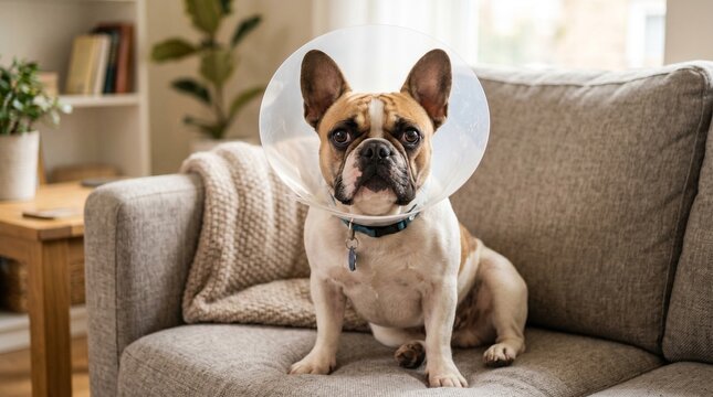 Dog wearing cone sitting on couch