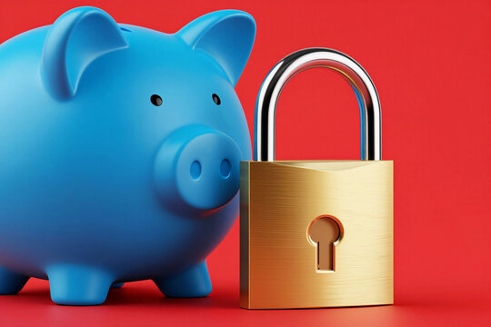 Golden padlock stands beside blue piggy bank. Bright red background highlights security and saving.
