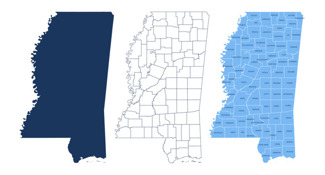 Mississippi Counties Map with Labels &ndash; State Silhouette and County Boundaries Vector