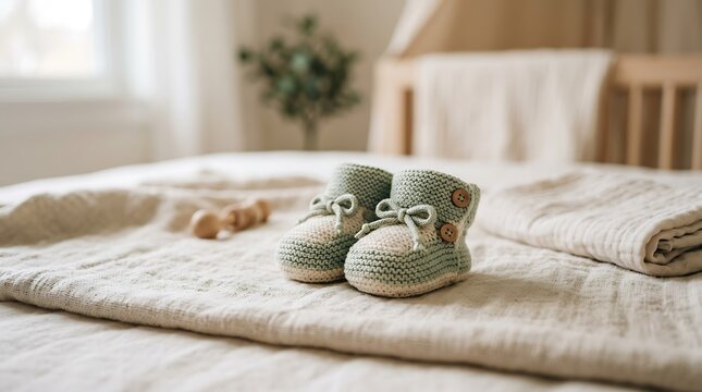 Knitted baby booties and wooden rattle on a textured blanket in a nursery shoes footwear