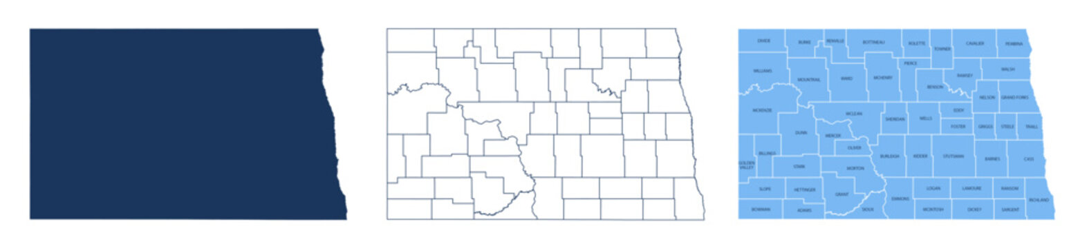 North Dakota Counties Map with Labels &ndash; State Silhouette and County Boundaries Vector