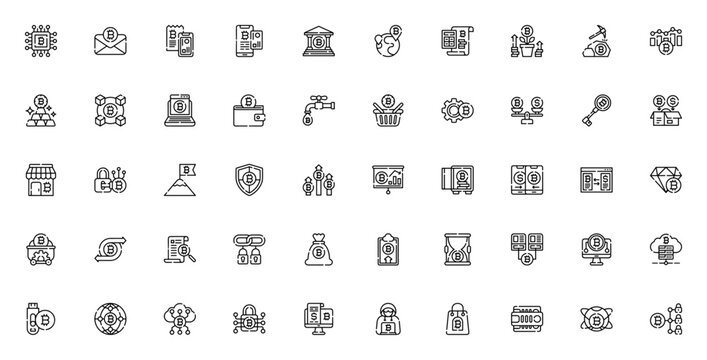 Bitcoin icon set. Cryptocurrency vector pack. Minimalist thin line icons. Includes symbols for mining, blockchain, wallet, exchange, security, payment, cpu and more. Editable stroke.