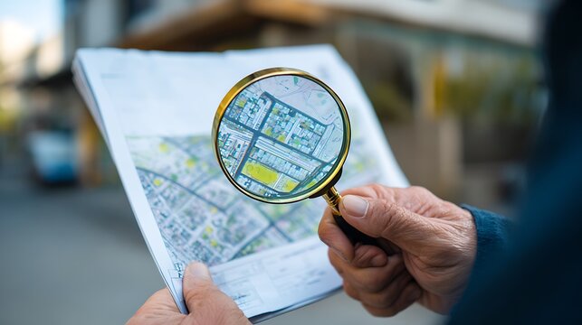 A person using a magnifying glass to examine a detailed map on paper.