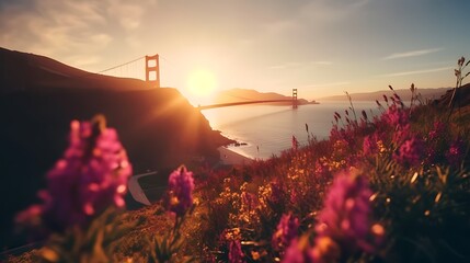Naklejka premium Golden Gate Bridge at sunset with wildflowers in the foreground