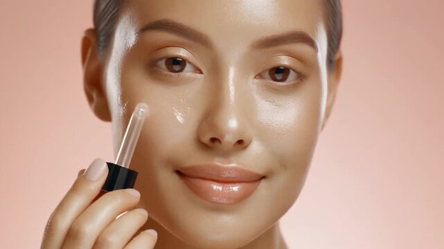 Woman applying facial serum with dropper