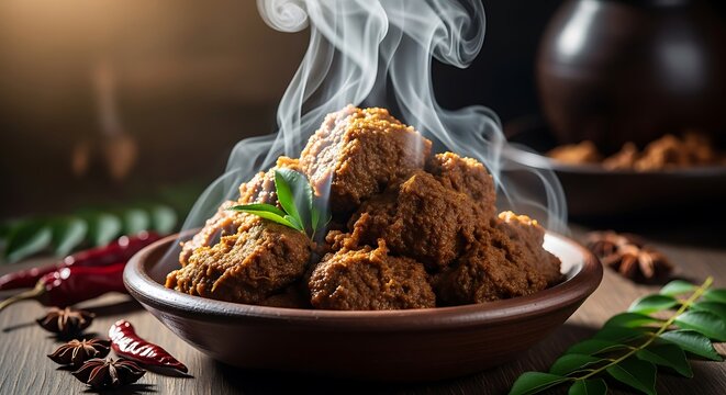 Delicious close-up of steaming hot meat dish with spices in a rustic bowl, perfect for culinary inspiration