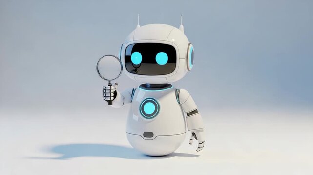 Robot's Analytical Eye: A charming robot with a magnifying glass symbolizes investigation and technological advancement, highlighting innovation.