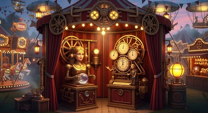 Whimsical Steampunk Carnival Fortune Teller Booth with Antique Clocks and Orbs